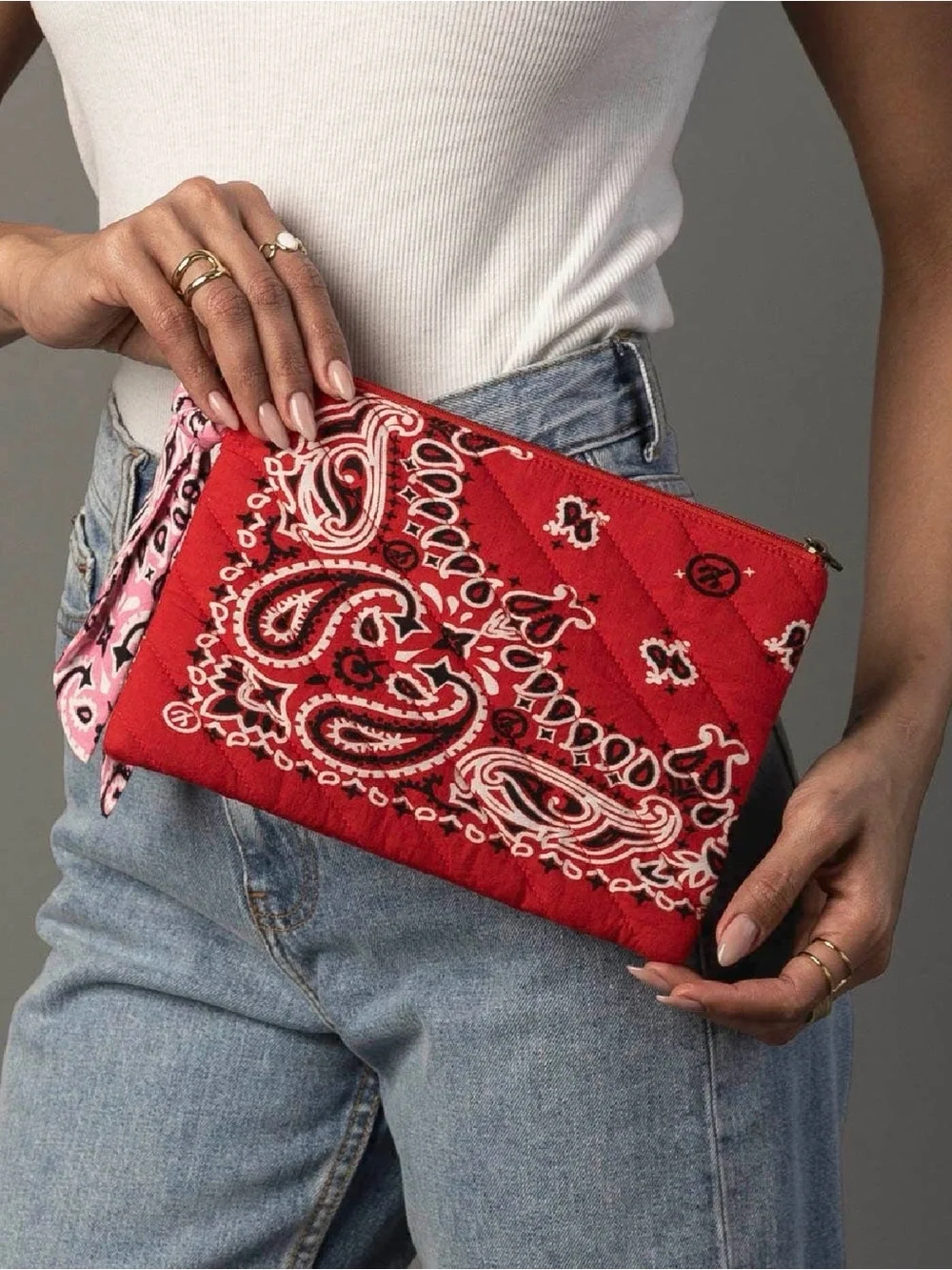 NWT Boho Bandana Paisley Print Contrast Quilted Clutch Bag Red & Pink